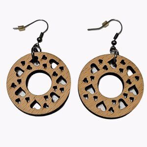 Boho Wooden Dangle Earrings Cutout Hearts Chunky Round Disc Fashion Jewelry